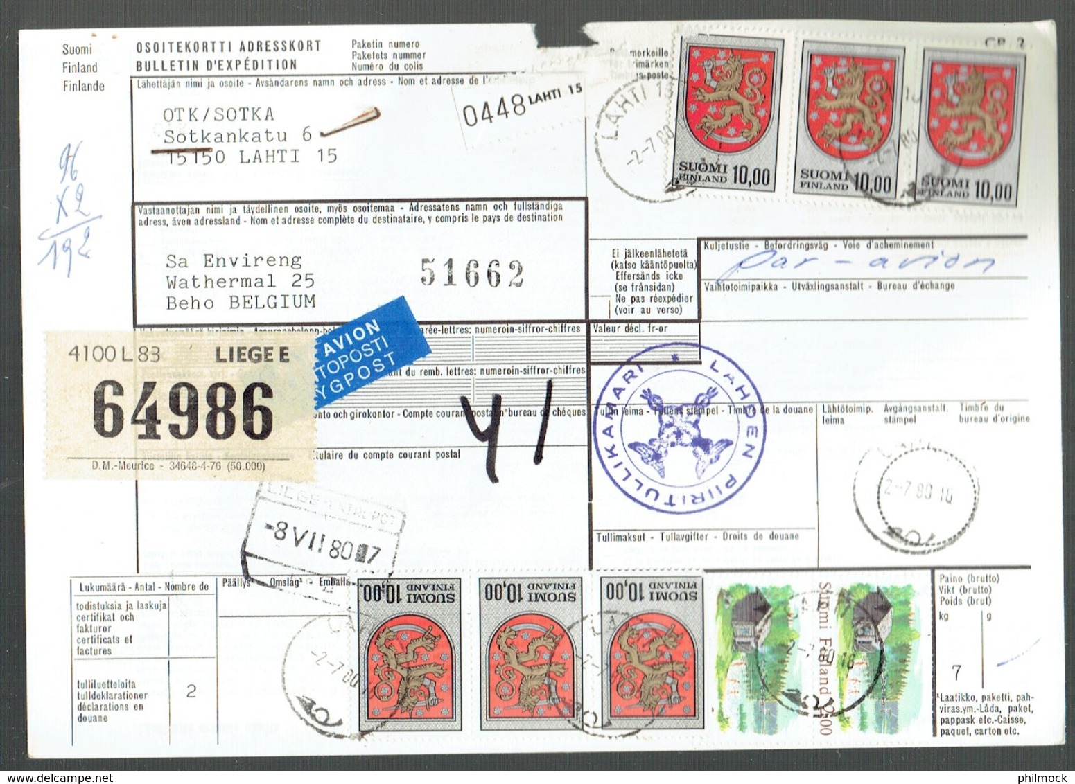 Bulletin D'expédition International - Lahti Finlande 1980 Vers Beho Belgique - Obl Lahti-Liège Entrepot - Postpaketten