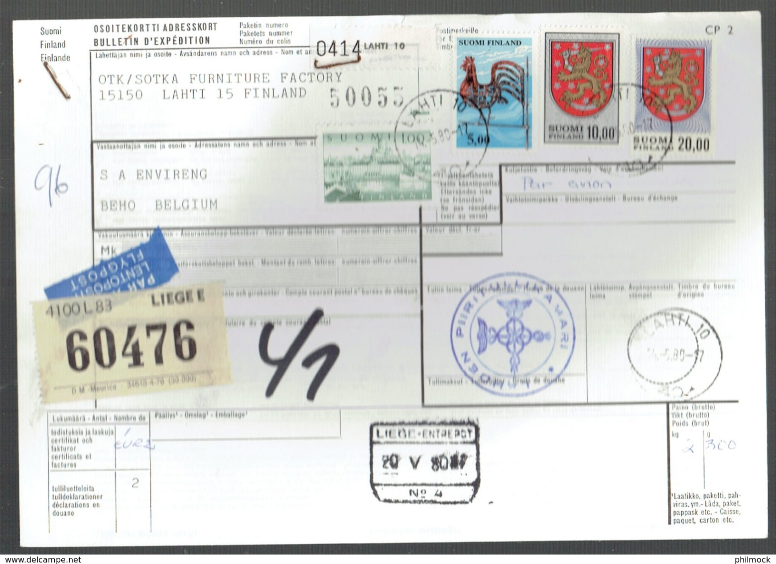 Bulletin D'expédition International - Lahti Finlande 1980 Vers Beho Belgique - Obl Lahti-Liège Entrepot - Postpaketten