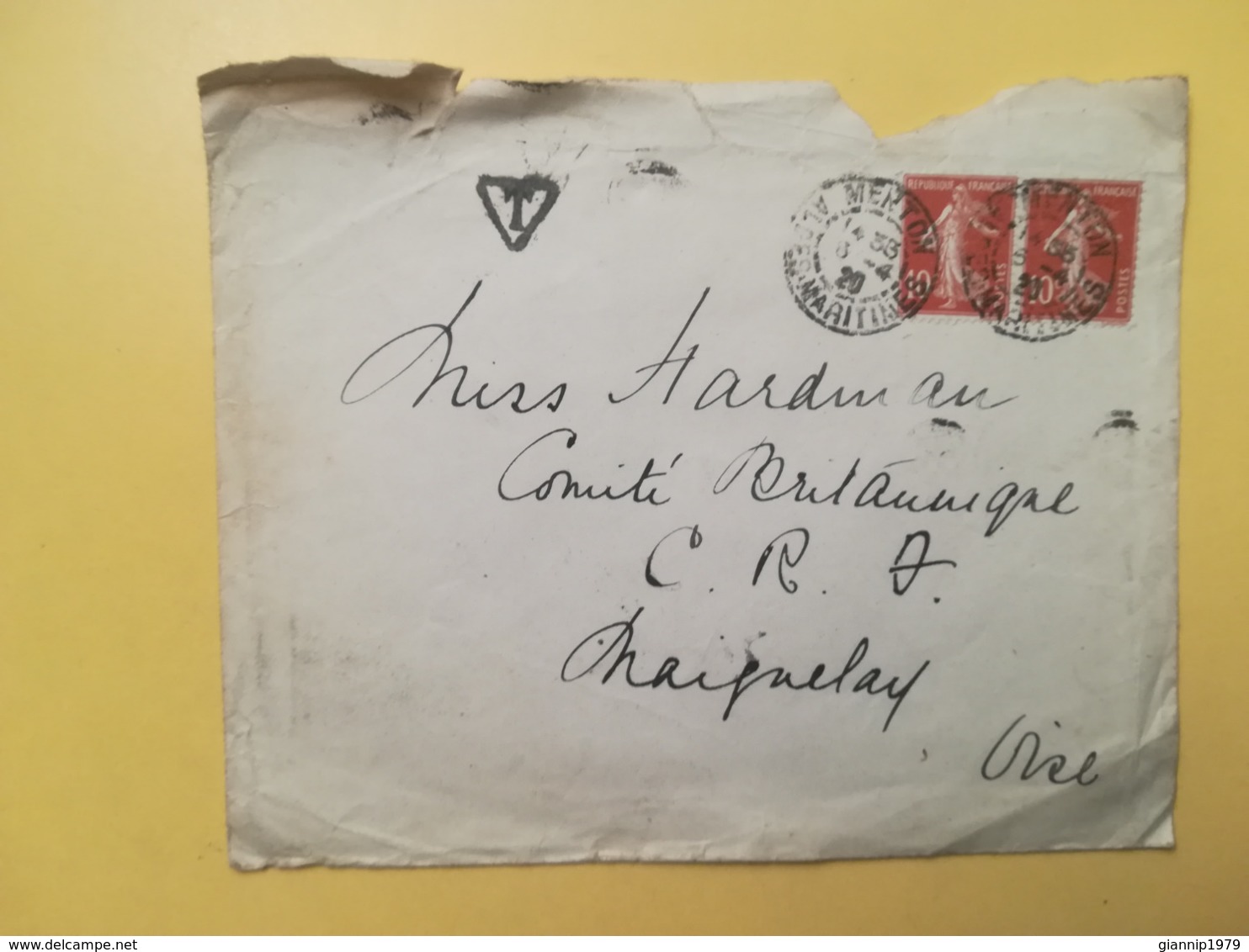 1920 BUSTA  FRANCIA FRANCE  BOLLO SEMINATRICE SEMEUSE ANNULLO MENTON OBLITERE' - Briefe U. Dokumente