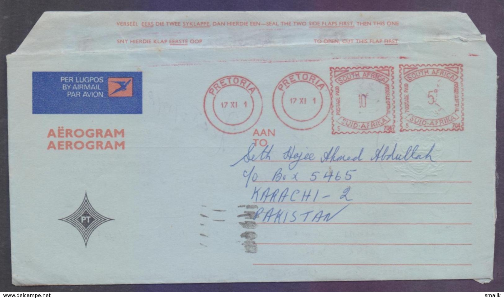 RSA SOUTH AFRICA Postal History, Meter Franking Aerogramme Used 17.11.1981 ERROR "8" Missing From Year 1981 - Covers & Documents