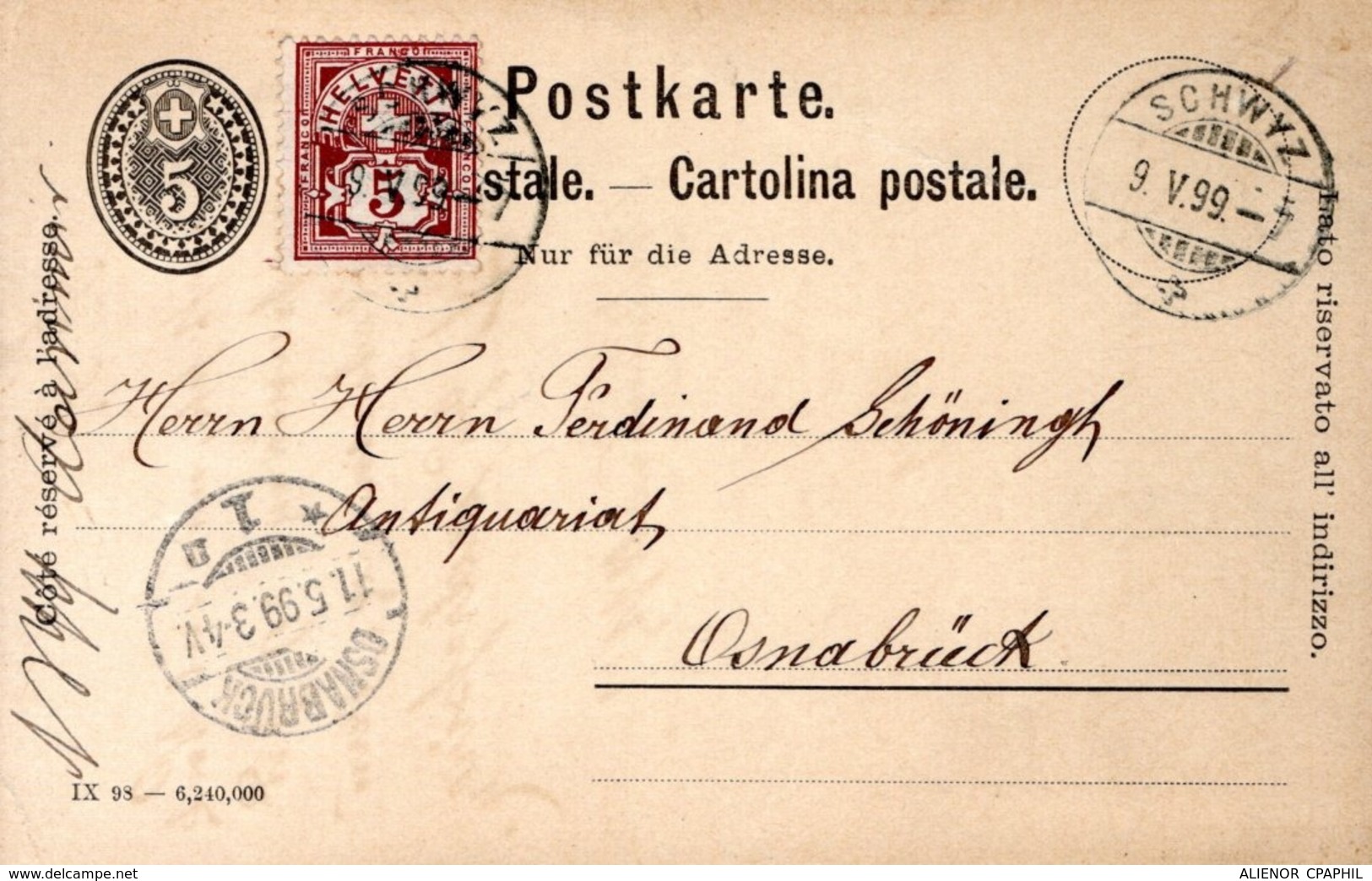 1899 - POSTE A SCHWYZ - CACHET POSTAL ARRIVEE OSNABRÜCK AU RECTO - - Entiers Postaux