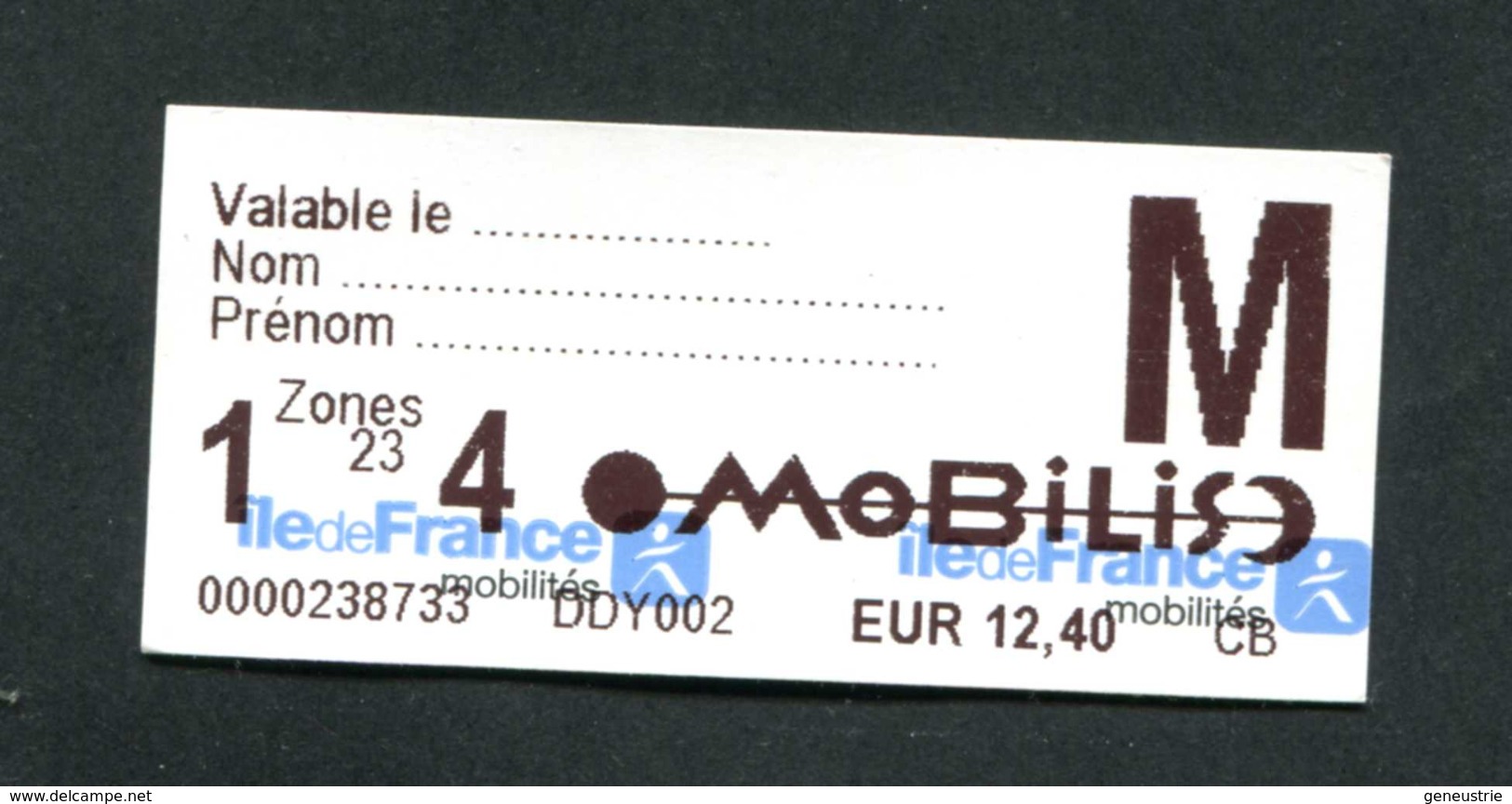 Ticket De Train / Métro / Tramways / Bus - SNCF / RATP (Mobilis 1 à 4 Zones) Paris - Train - Europa