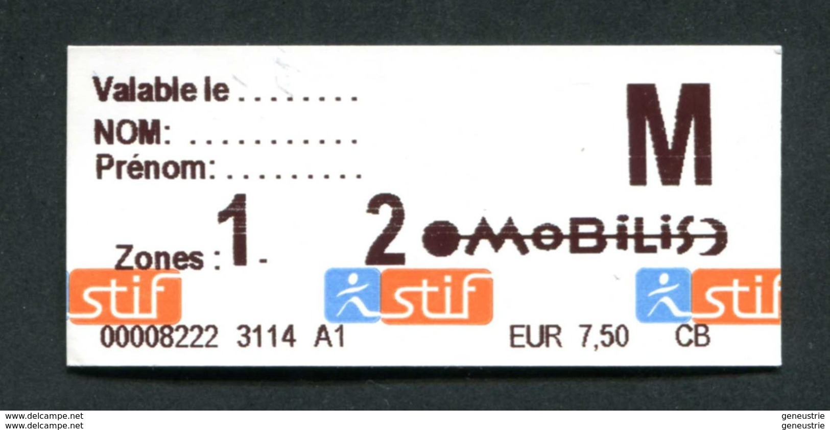 Ticket Forfait Jour "Mobilis 2 Zones" Train / Métro / Bus / Tramway - RATP / SNCF - Billet "Ile-de-France - STIF" - Europa