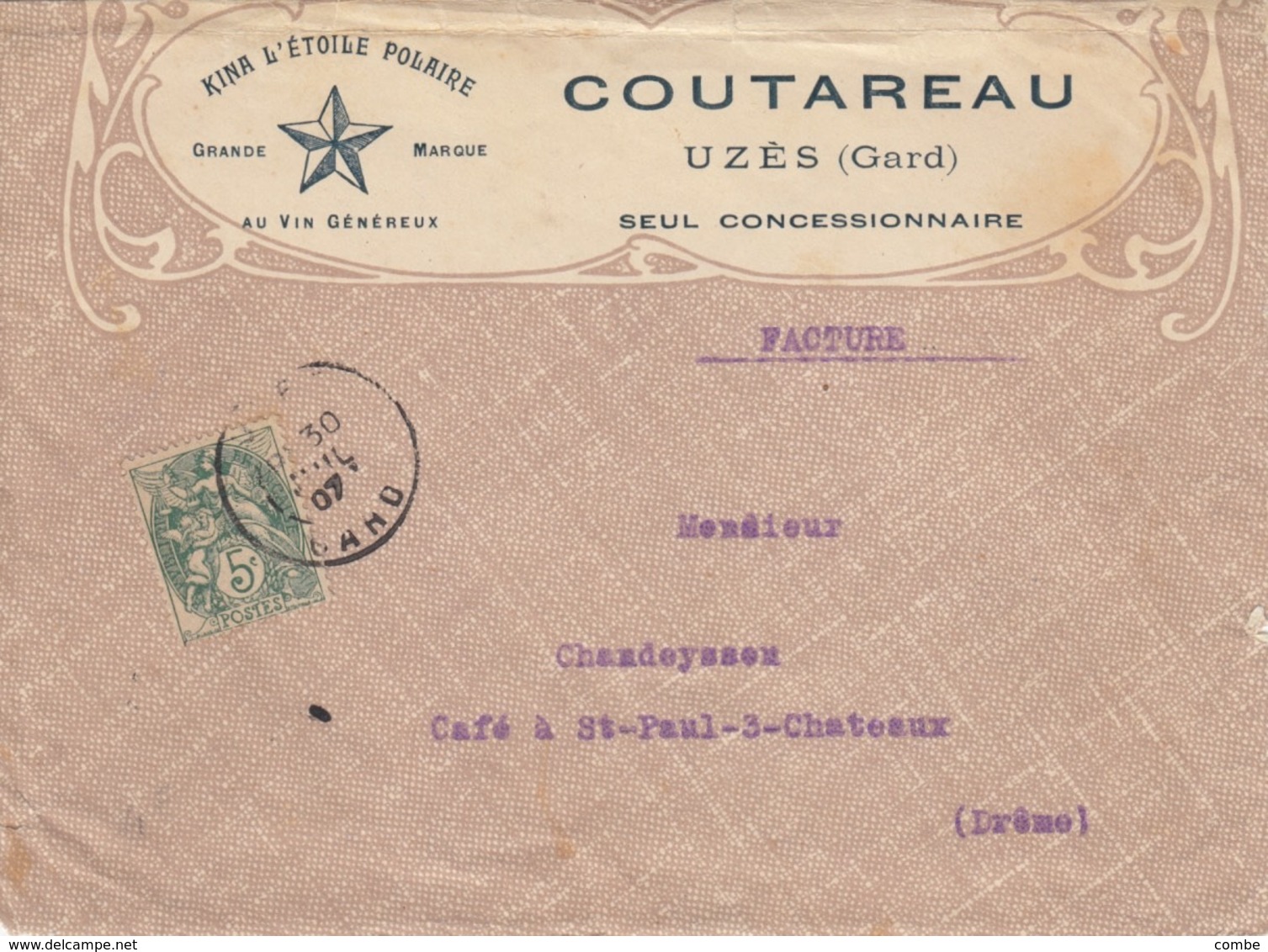 LETTRE. 1907. VIN ET SPIRITUEUX. KINA L'ETOILE POLAIRE. COUTAREAU UZES GARD - Sonstige & Ohne Zuordnung