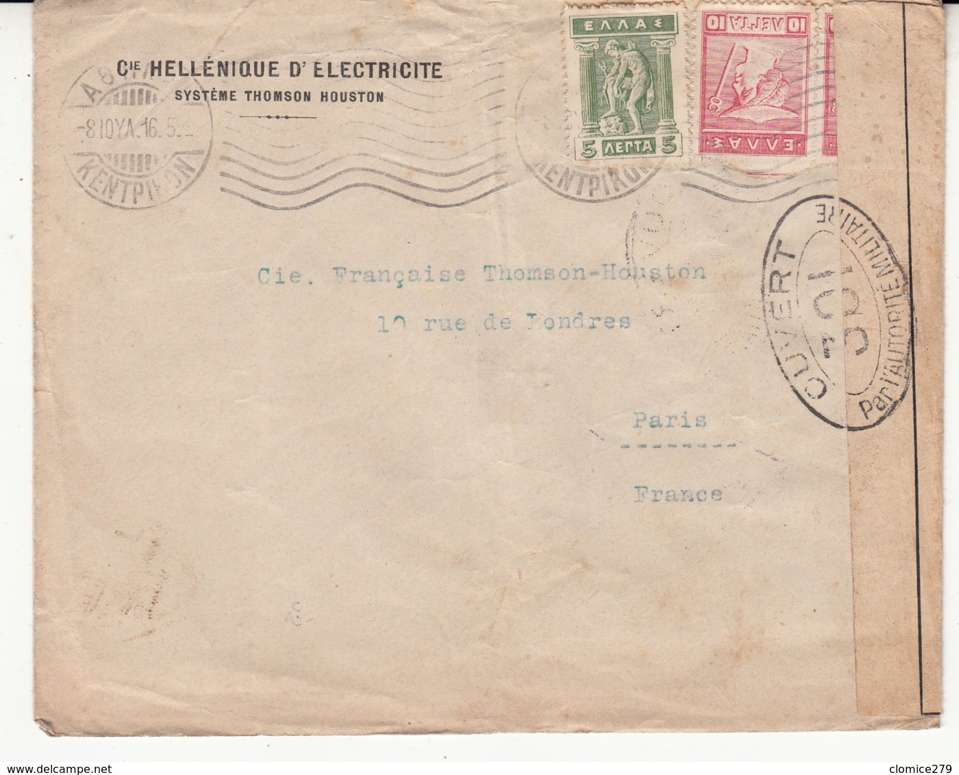 Guerre 1914/18   Enveloppe De GRÈCE     Vers La France   1916     Cachet Censure - Oorlog 1914-18