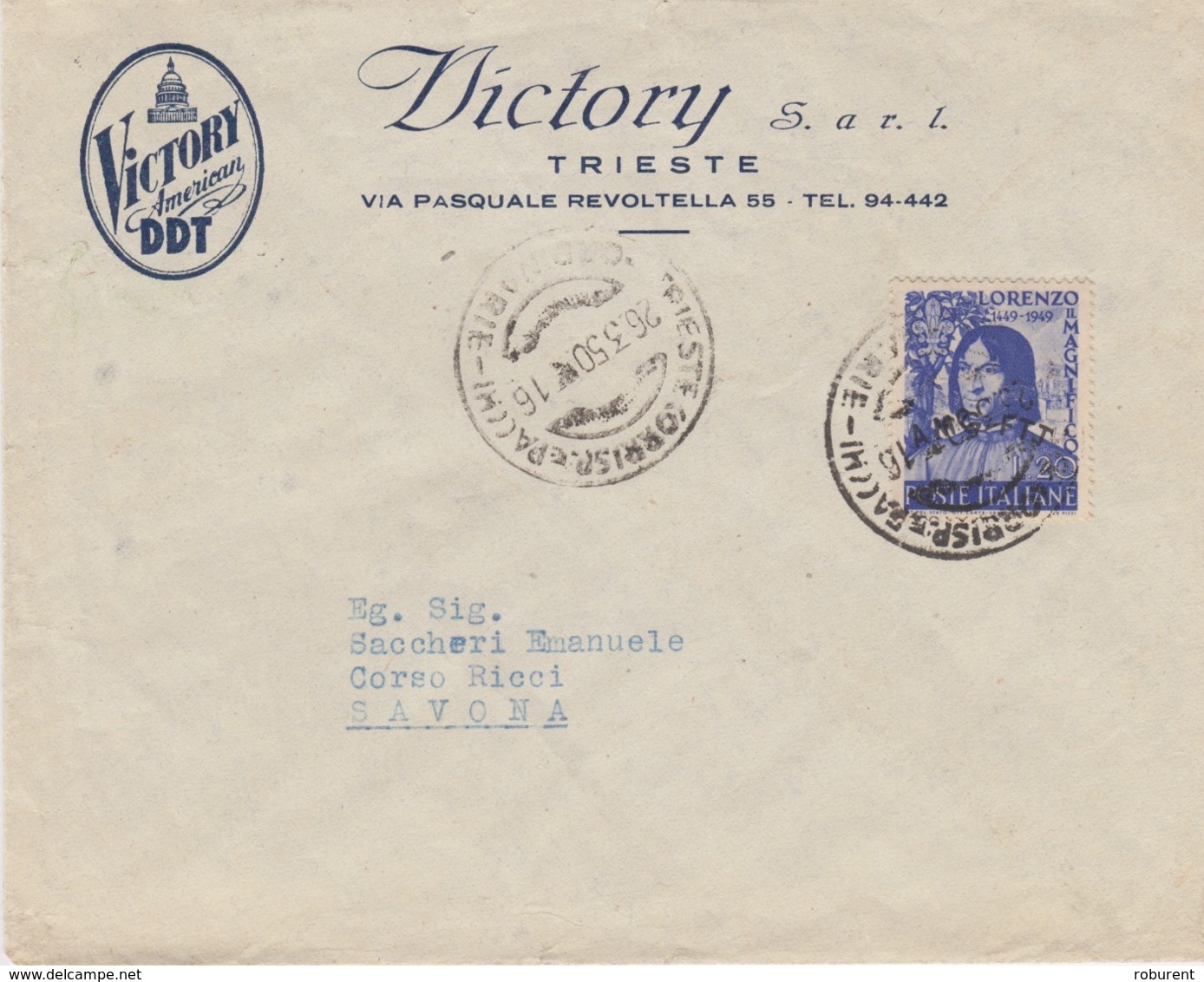 A/5 - STORIA POSTALE - PUBBLICITARIA - "VICTORY AMERICAN DDT" - TRIESTE A SAVONA - AMG-FTT - 1 VALORE LIRE 20 - Storia Postale