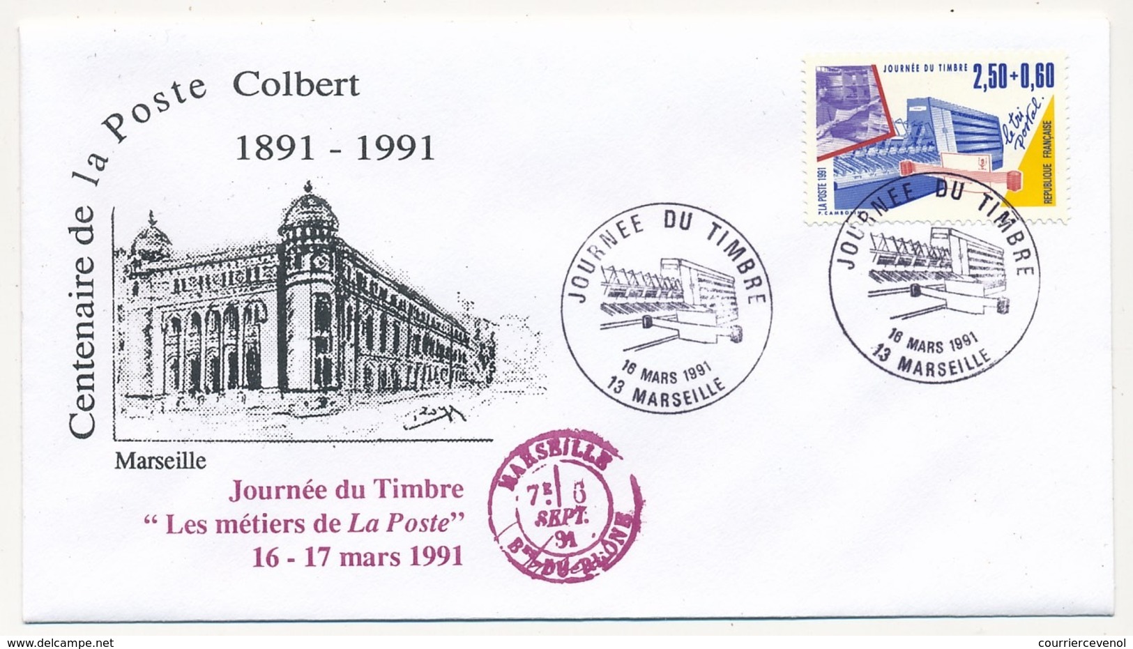 FRANCE => Enveloppe FDC Journée Du Timbre 1991 - Centenaire De La Poste Colbert Marseille - 16 Mars 1991 - Giornata Del Francobollo