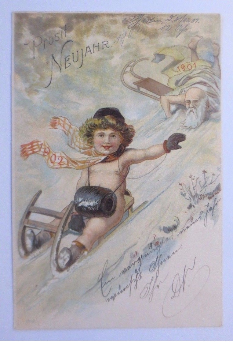 "Neujahr, Kinder, Schlitten, Muff, Altes Jahr Neues Jahr"  1901 ♥  - Anno Nuovo