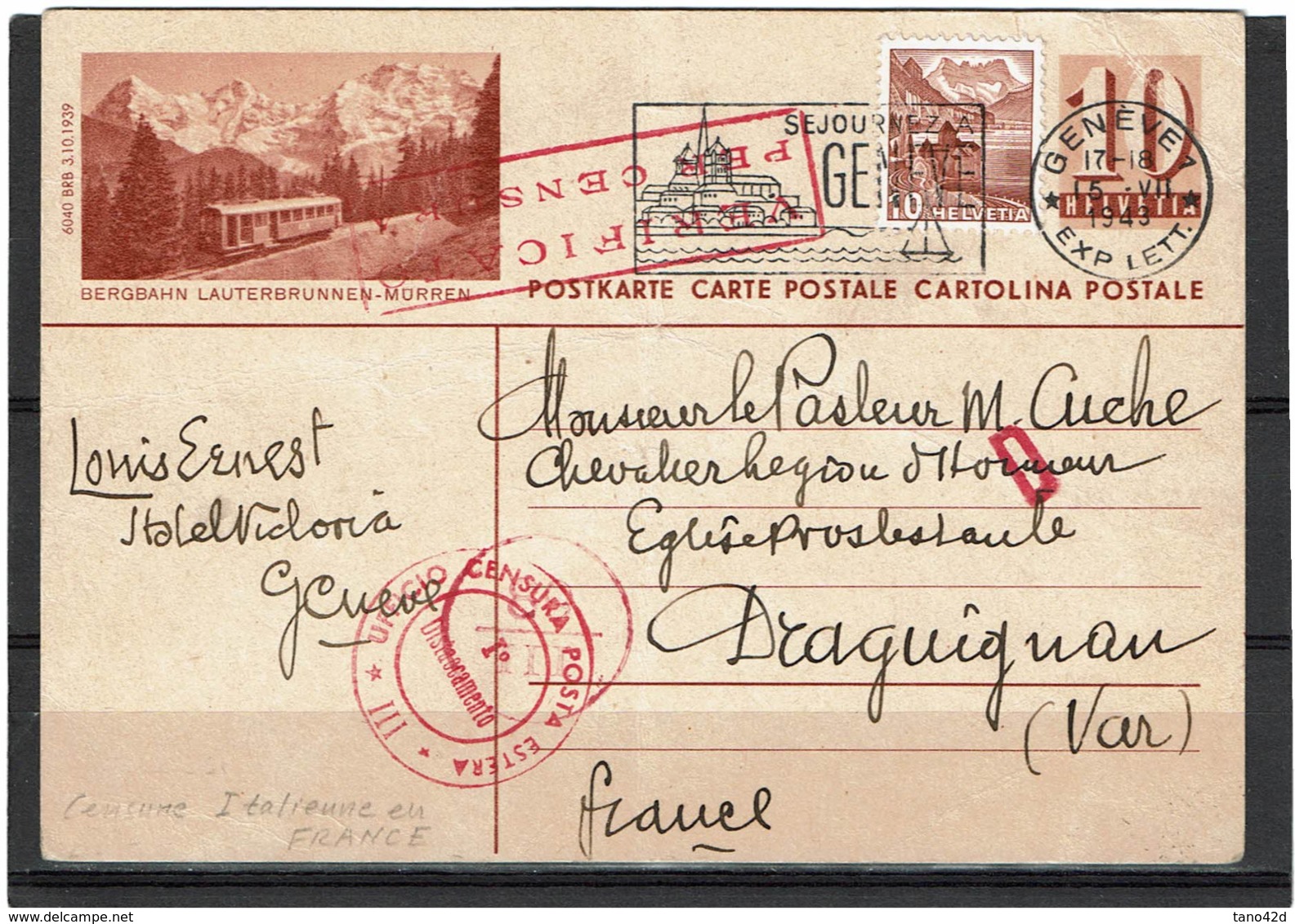 LSAU14 - SUISSE CP GENEVE / DRAGUIGNAN 15/7/1943 CENSURE ITALIENNE - Stamped Stationery