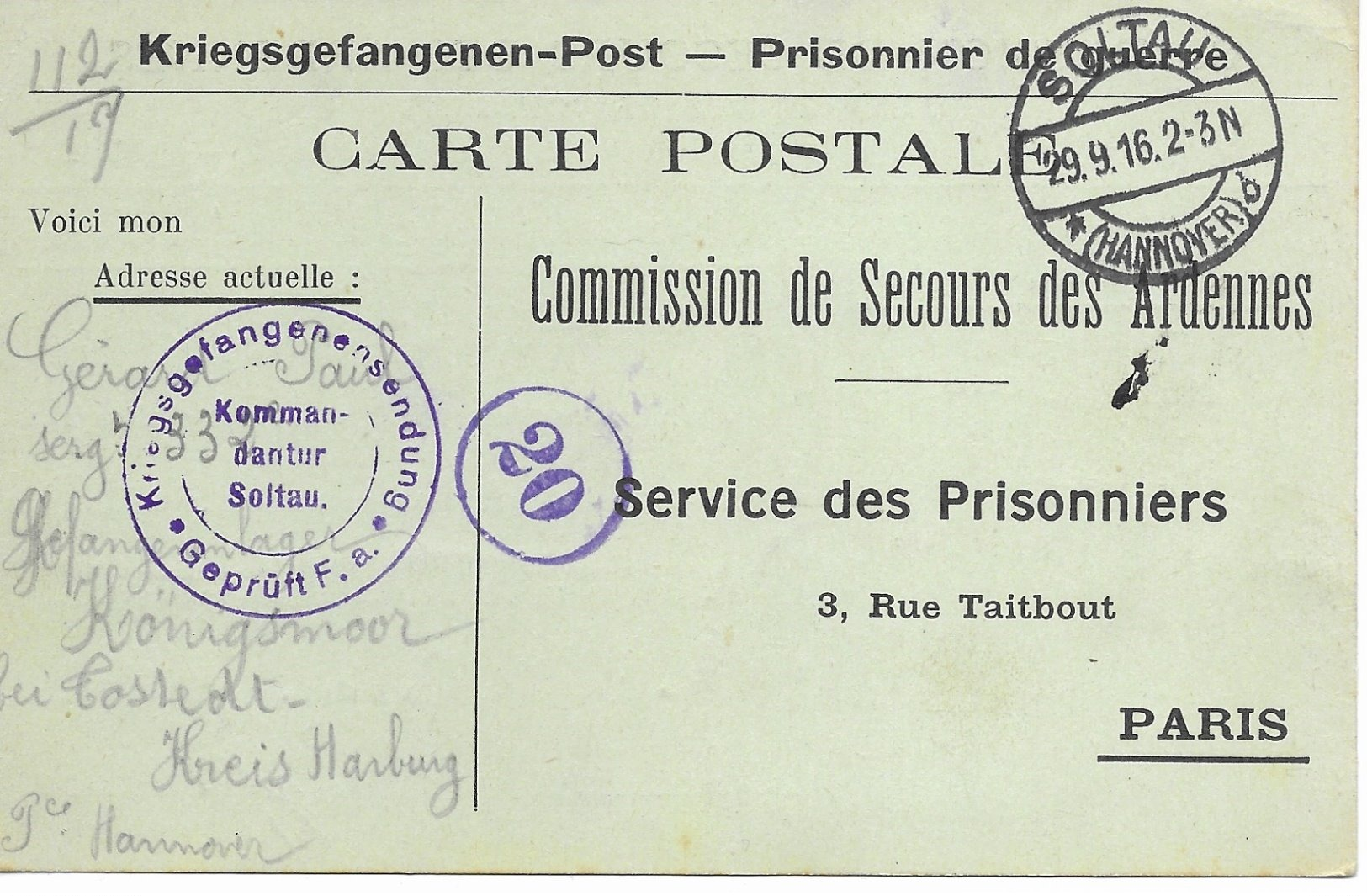 Ardennes  Beffu  Gerard Paul  Soltau   Prisonnier - 1. Weltkrieg 1914-1918