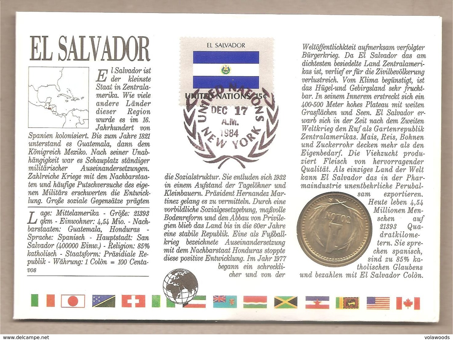 El Salvador - Busta FDC Commemorativa Con Moneta Da 1 Colon - 1984 - El Salvador