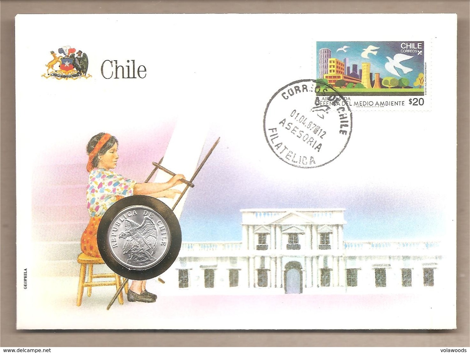 Cile  - Busta Commemorativa Con Moneta Da 1 Centesimo - 1987 - Chili