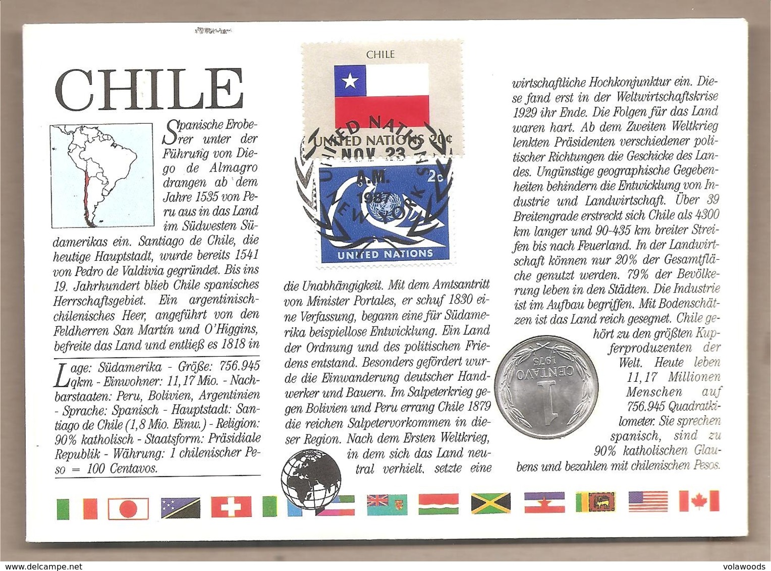 Cile  - Busta Commemorativa Con Moneta Da 1 Centesimo - 1987 - Chile