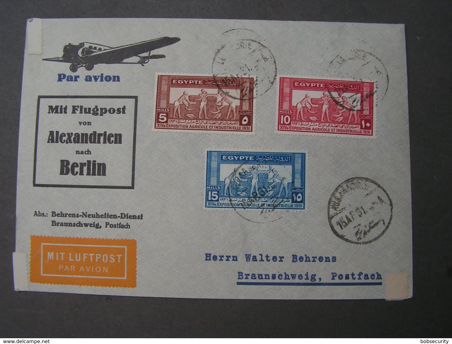 Alexnadria Flight Cv. Behrens To Berlin Braunschweig  1931 - Briefe U. Dokumente