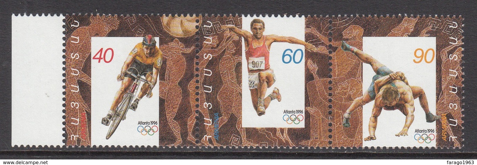 1996 Armenia Olympics Cycling Wrestling  Complete Strip Of 3 MNH - Armenia