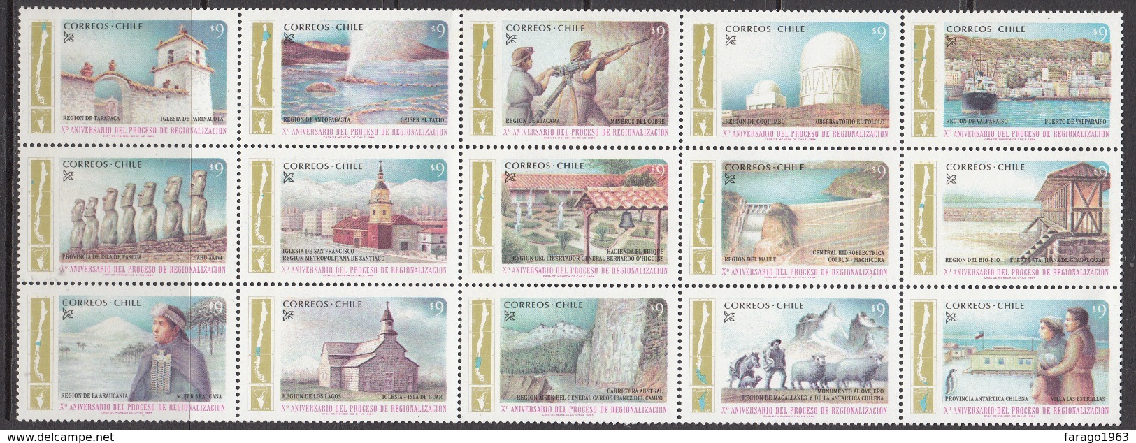 1984 Chile Regionalisation Easter Island Penguins Mining Telescopes Complete Block Of 15 MNH - Cile