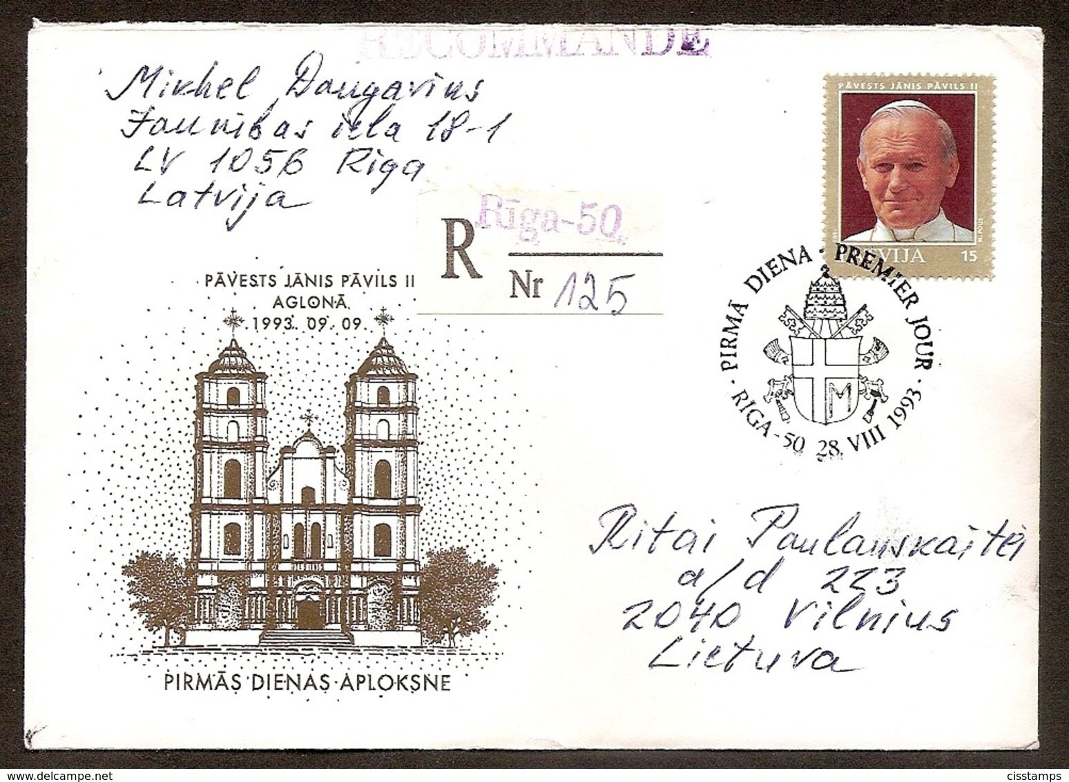 LATVIA 1993●Pope John Paul●●Papstbesuch●FDC●R-Cover Sent To Lithuania - Papas