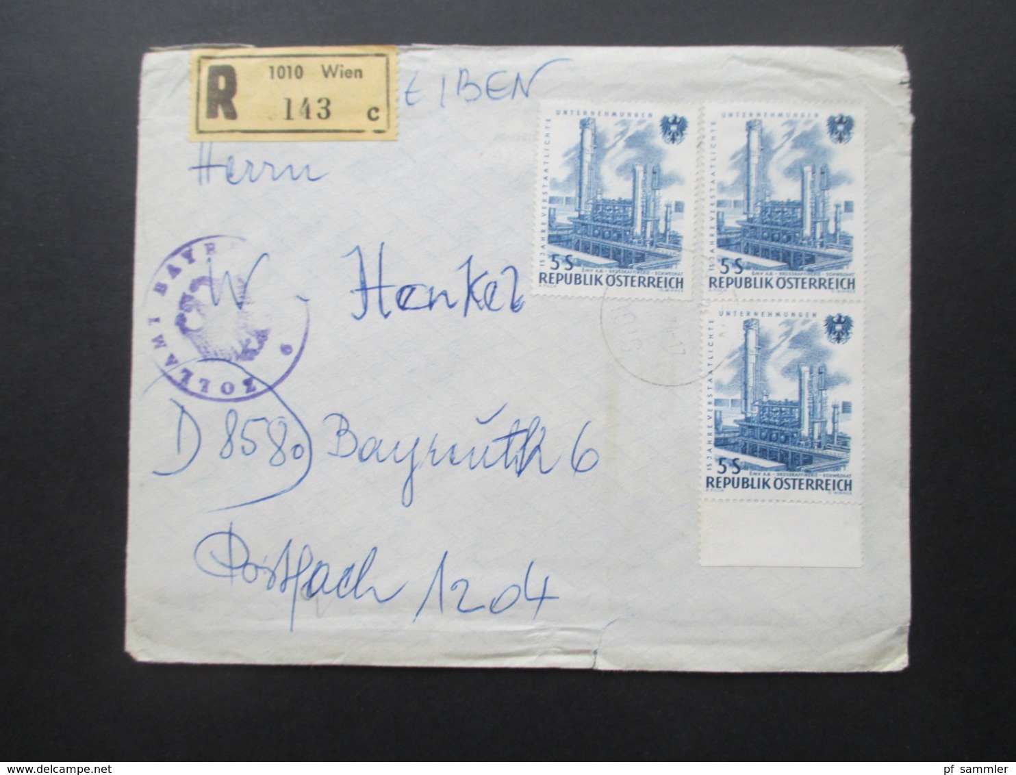 Österreich 1961 Staatliche Unternehmen Nr. 1096 MeF Mit 3 Marken Einschreiben 1010 Wien Mit Stempel Zollamt Bayreuth - Cartas & Documentos