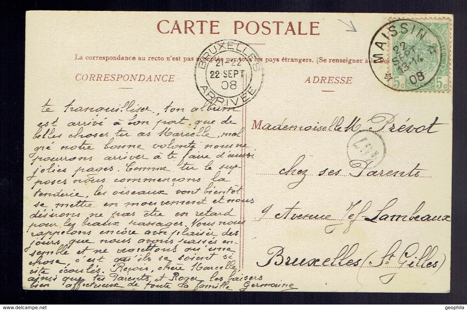 5c Vert Sans Bandelette Dominicale / CP Vue Daverdisse-sur-Lesse De * Maissin * 22 SEPT 08 Vers St Gilles - Postmarks With Stars