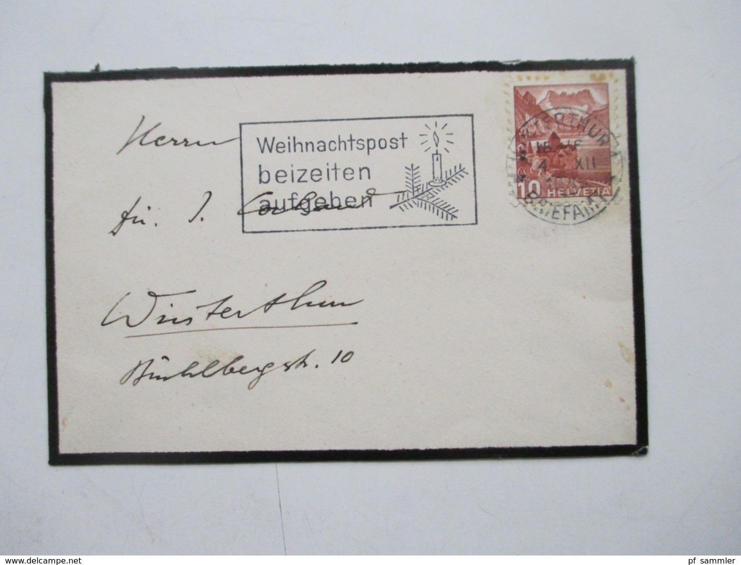 Schweiz 1945 Stempel Weihnachtspost Beizeiten Aufgeben / Motiv Tannenzweig Mit Kerze Trauerbrief - Storia Postale