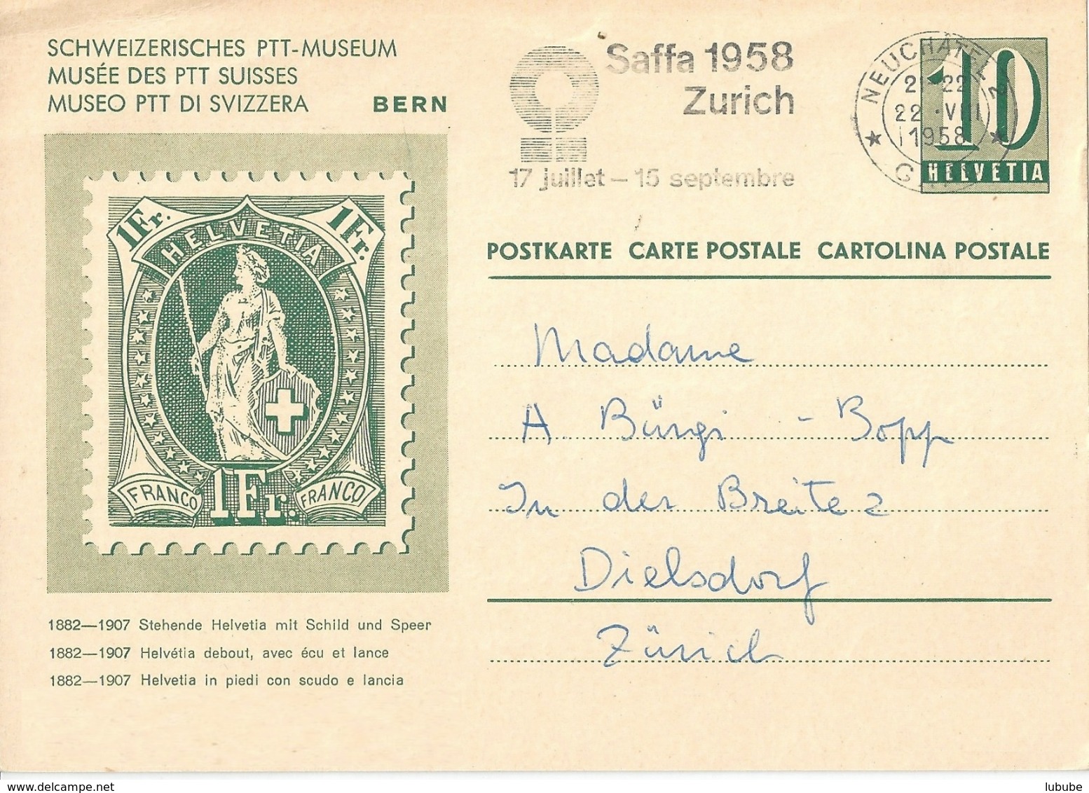 PK 186  "Postmuseum - Stehende Helvetia"               1958 - Ganzsachen