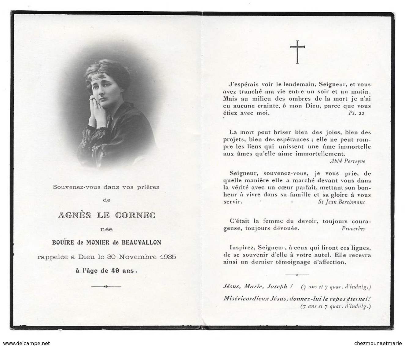 AGNES BOUIRE DE MONIER DE BEAUVALLON EPOUSE LE CORNEC 1886 1935 AVIS DE DECES - Décès