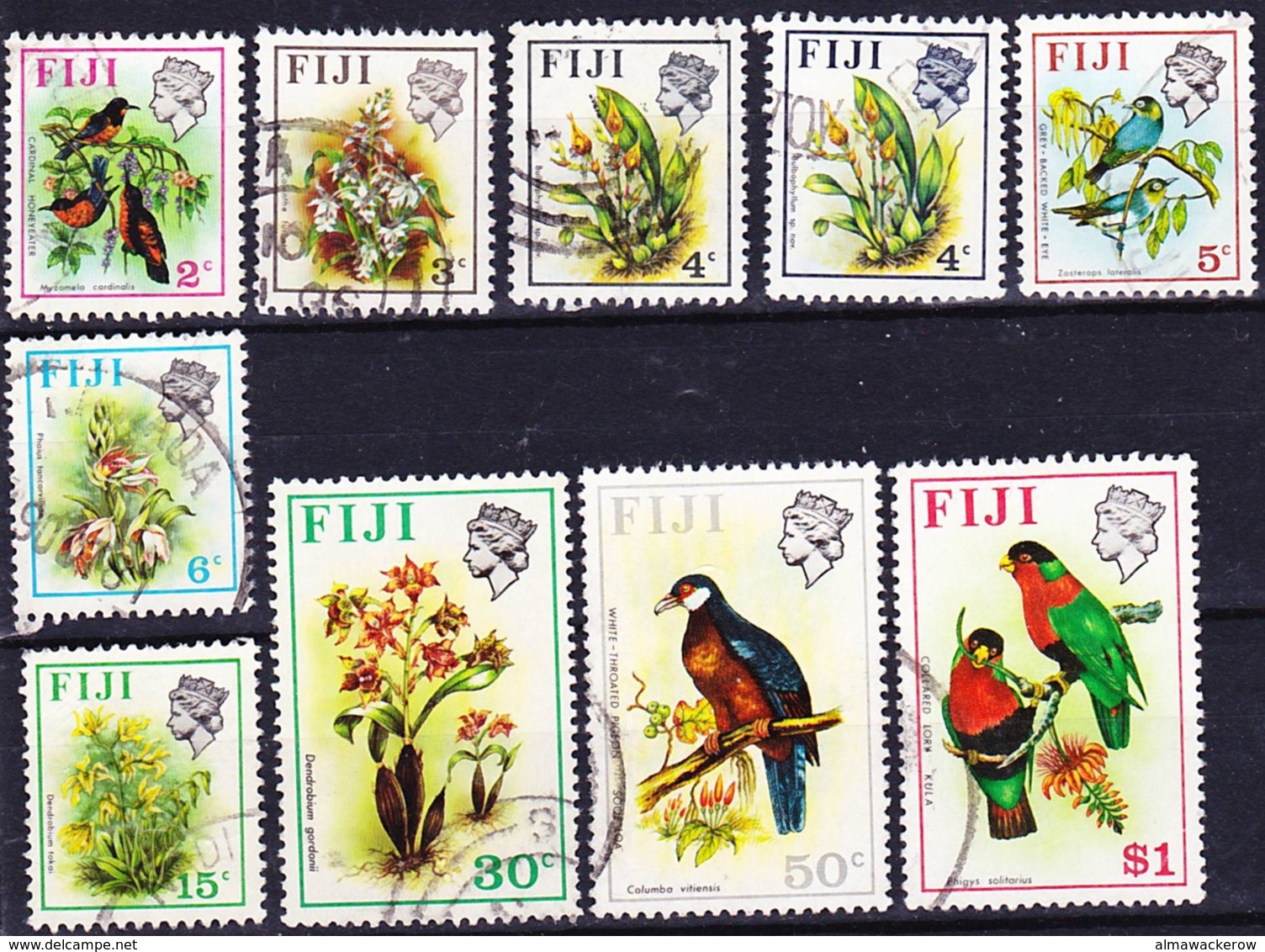 Fiji 1975-76 Definitives Lot Wmk Descending Crown CA Including Key Values 2c, 3c, 5c; Used O - Fiji (1970-...)