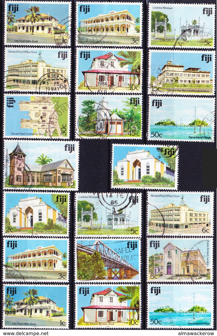 Fiji 1979-94 Big Lot Buildings And Sights Definitives From Different Printings, All Different, E.g. 50c Of 1994!, Used O - Fiji (1970-...)