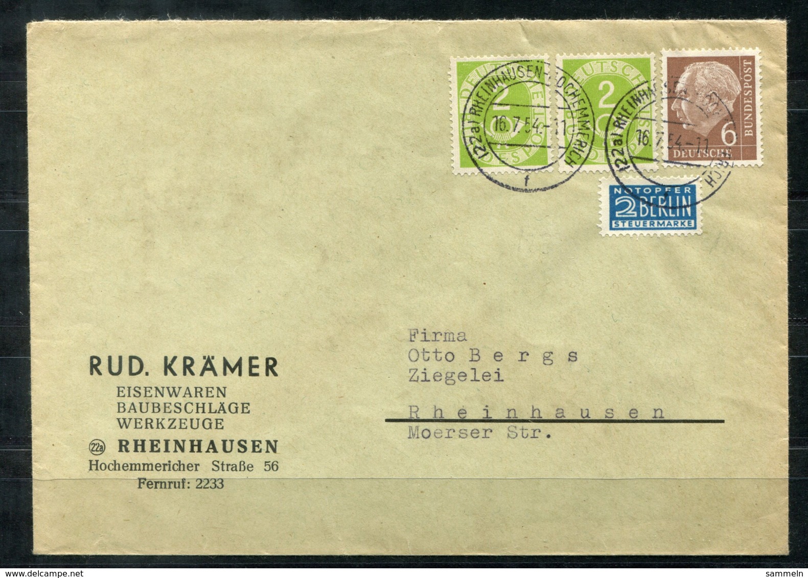 5327 - BUND - Mischfrankatur Posthorn / Heuss - Mi.123 (2) + 180 - Briefe U. Dokumente