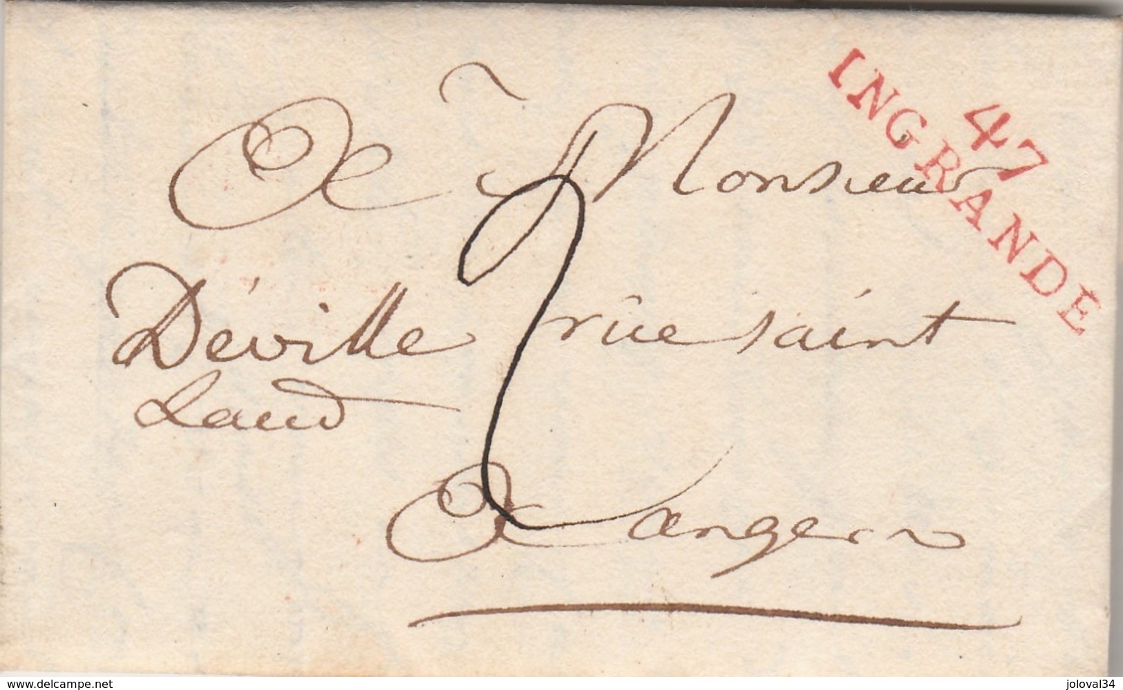 LAC Marque Postale Rouge 47 INGRANDE Maine Et Loire 31/8/1810 à Angers Verso Petit Cachet Rouge Arrivée - 1801-1848: Précurseurs XIX