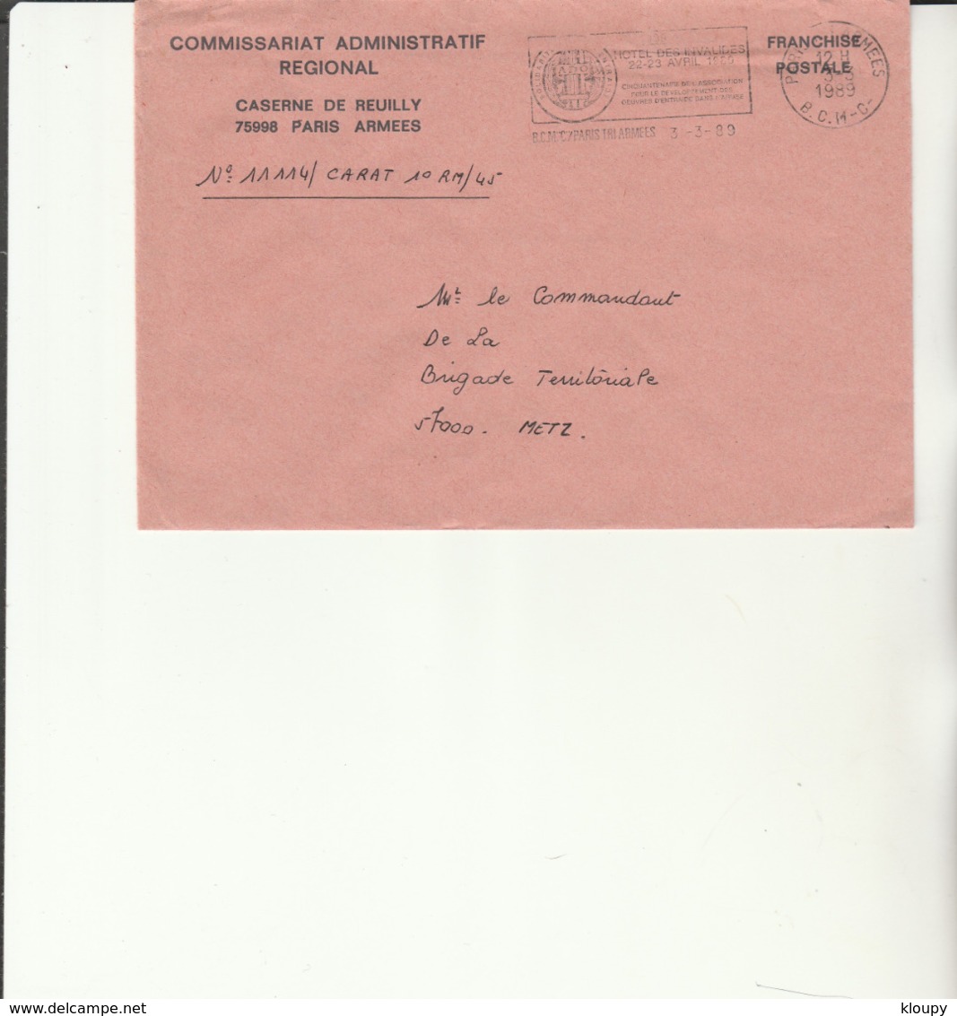 H 4 - Enveloppe  Commissariat Administratif Régional  PARIS ARMEES  - Flamme PARIS TRI ARMEES  Invalides - Cachets Militaires A Partir De 1900 (hors Guerres)