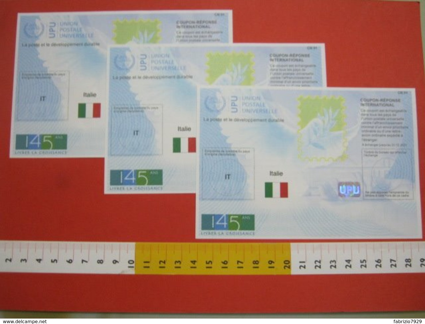 AAA.1 ITALIA  ITALY ITALIE 2019 IT NEW N. 3 PCS PZ. X COUPON REPONSE INTERNATIONAL 145 ANS UPU UNION POSTALE UNIVERSELLE - UPU (Universal Postal Union)