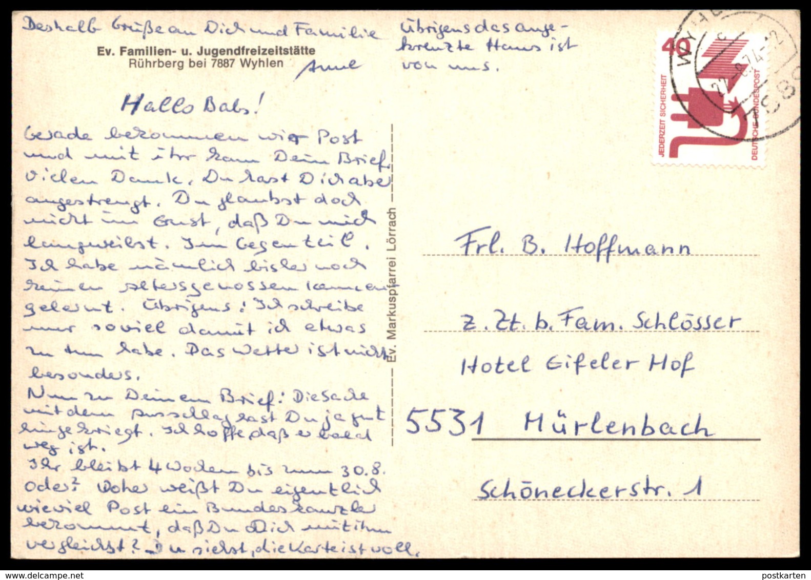 ÄLTERE POSTKARTE EVANGELISCHE FAMILIEN- UND JUGENDFREIZEITSTÄTTE RÜHRBERG BEI WYHLEN Grenzach Ansichtskarte AK Postcard - Grenzach-Whylen