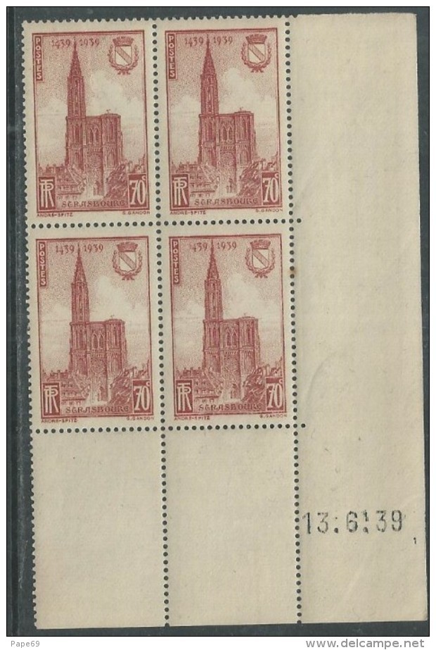 France N° 443 XX  Cathédrale De Strasbourg En Bloc De 4 Coin Daté Du 13 . 6 . 39,  Sans Charnière, TB - 1930-1939