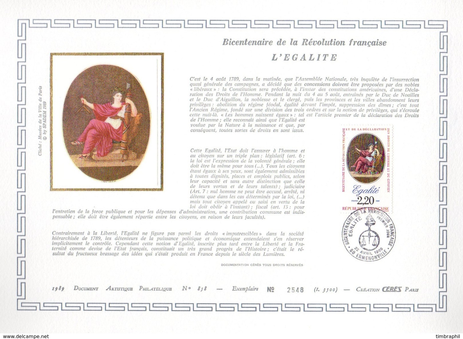 Document Artistique Philatélique Cérès N° 858 (YT N° 2574): RARE !!! - Documents Of Postal Services