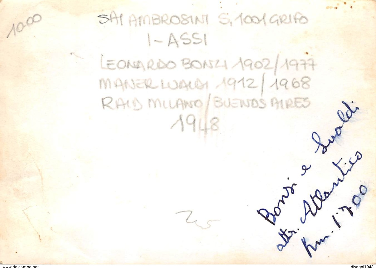 08797 "SAI AMBROSINI S.1001 GRIFO I-ASSI / L. BONZI (1902/77) M. LUALDI (1912/68) RAID MILANO-B. AIRES 1948" FOTO ORIG. - Aviazione
