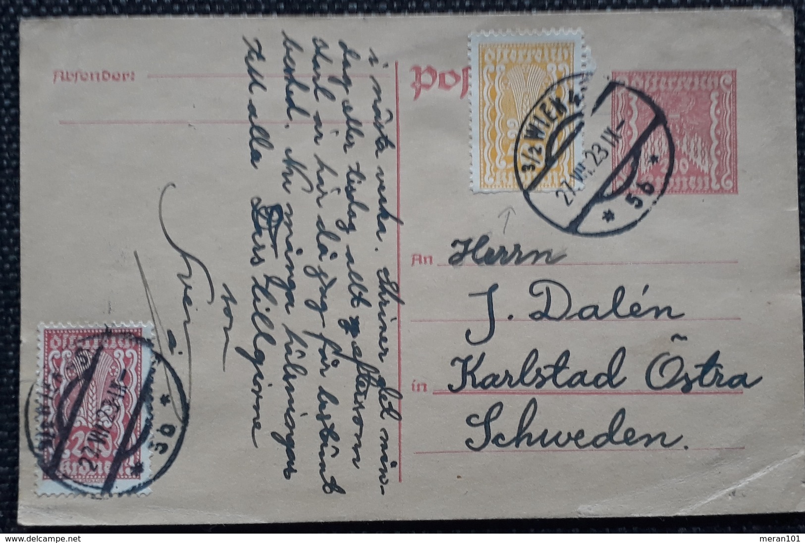 Postkarte 1923, MiF, WIEN Gelaufen Schweden - Briefe U. Dokumente