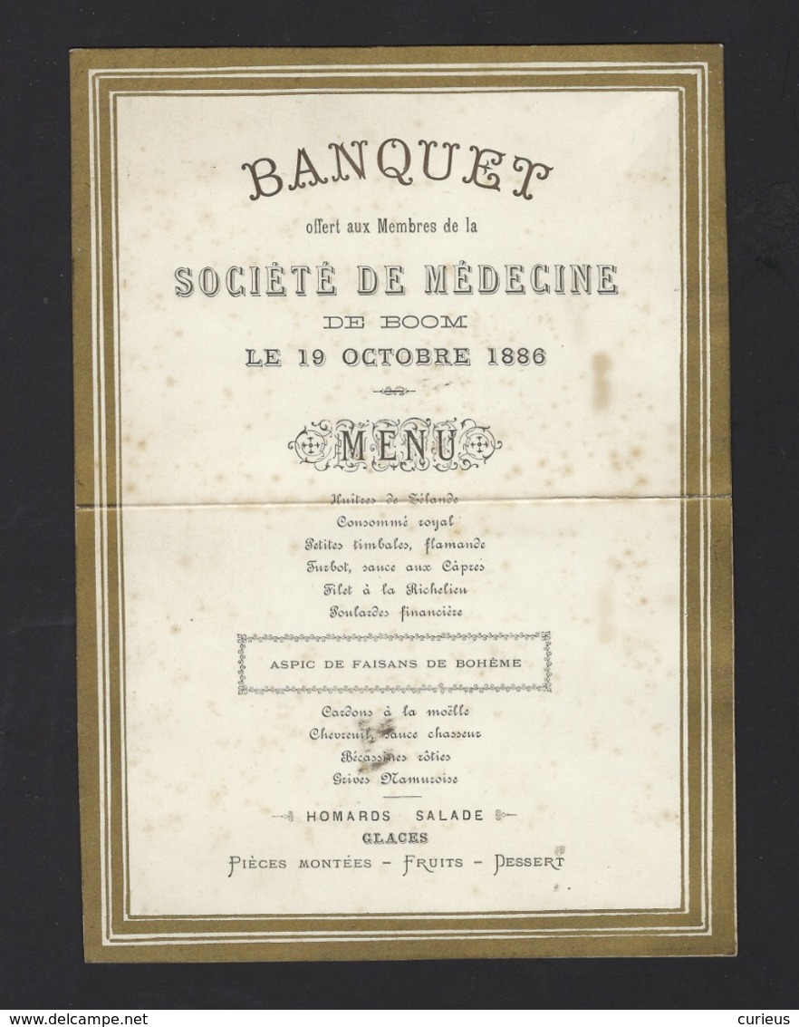 BANQUET OFFER AUX MENBRES DE LA " SOCIETE DE MEDECINE " DE BOOM * 19/10/1896 * BOOM * 19.5 X 14 CM - Menus