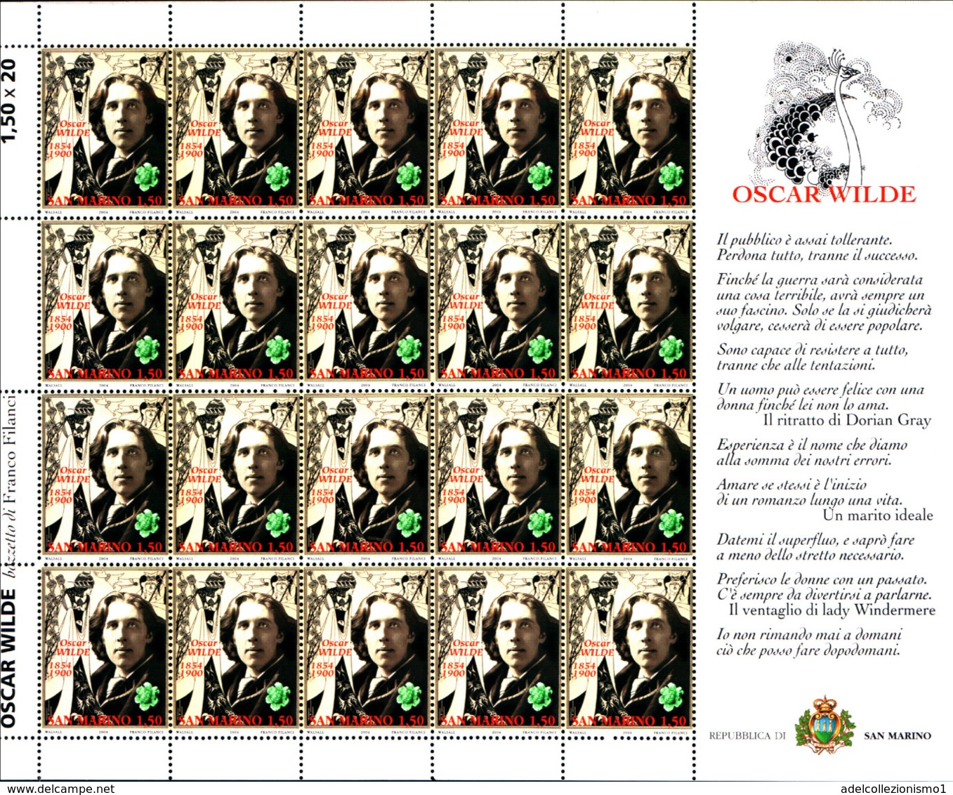 92179) SAN MARINO- 1,50 €-Oscar Wilde- Personaggi Della Letteratura - 20 Agosto 2004-IN MINIFOGLIO-MNH** - Blocchi & Foglietti