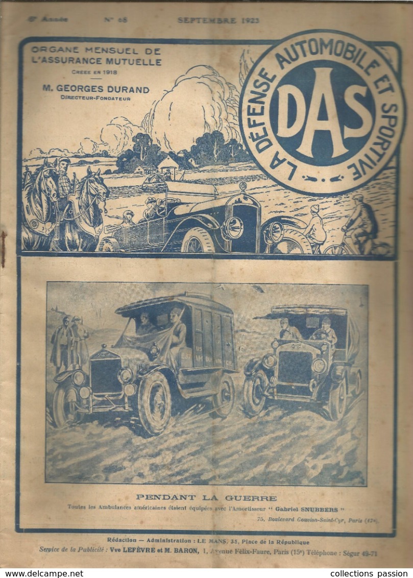 LA DEFENSE AUTOMOBILE ET SPORTIVE , DAS , N° 68 ,sept. 1923 ,26 Pages , Publicités , Frais Fr 3.15 E - Auto