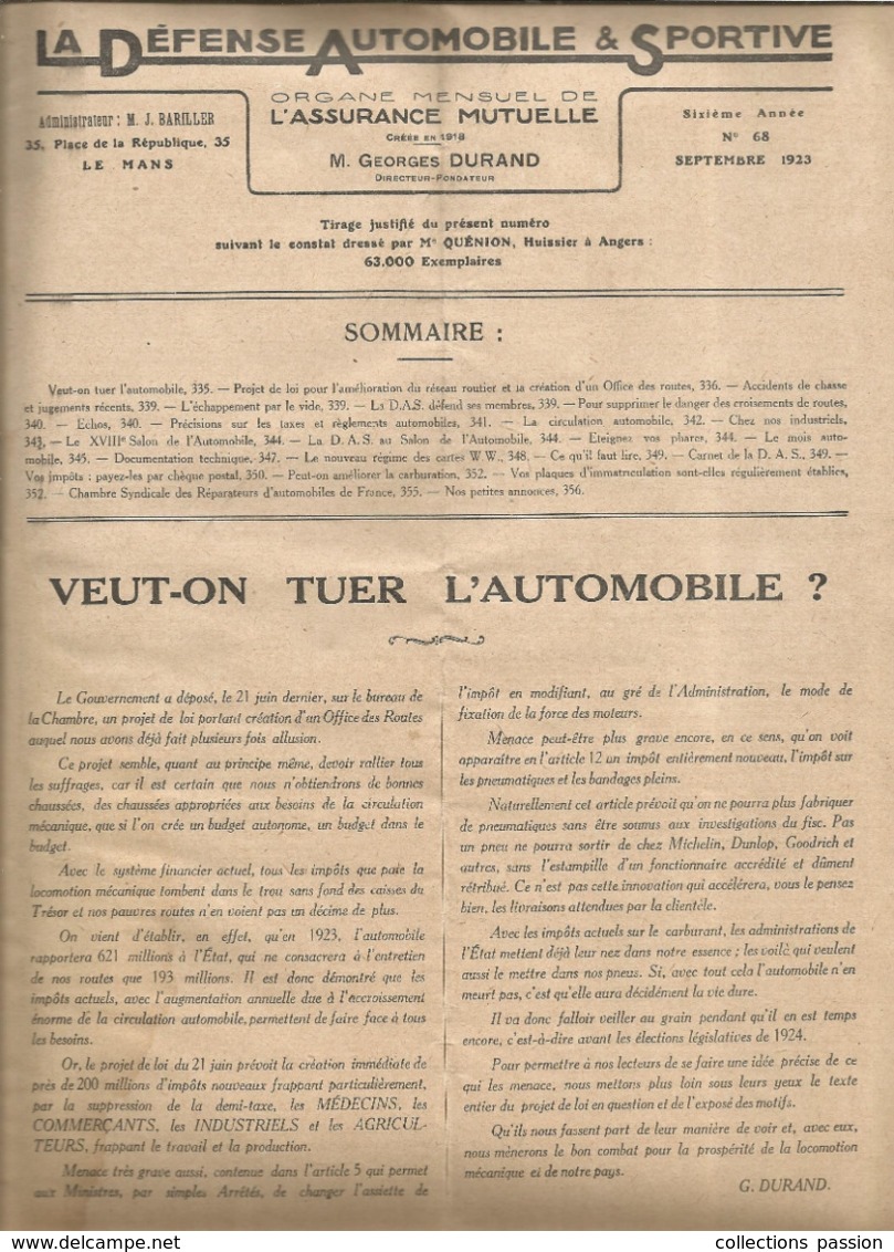 LA DEFENSE AUTOMOBILE ET SPORTIVE , DAS , N° 68 ,sept. 1923 ,26 Pages , Publicités , Frais Fr 3.15 E - Auto