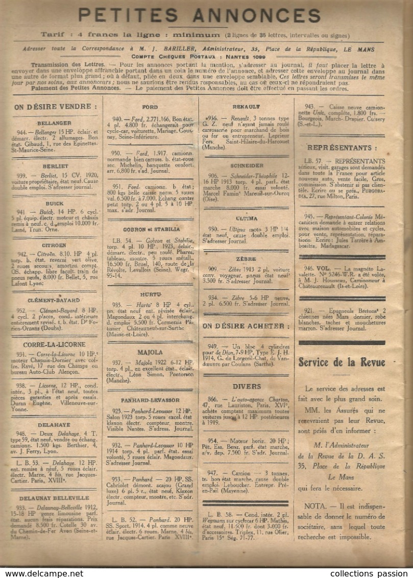 LA DEFENSE AUTOMOBILE ET SPORTIVE , DAS , N° 68 ,sept. 1923 ,26 Pages , Publicités , Frais Fr 3.15 E - Auto