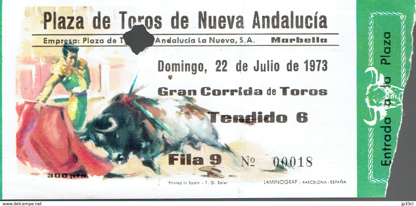 Ticket D'entrée Corrida Plaza De Toros De Nueva Andalucía, Marbella (22 De Julio De 1973) - Tickets - Vouchers