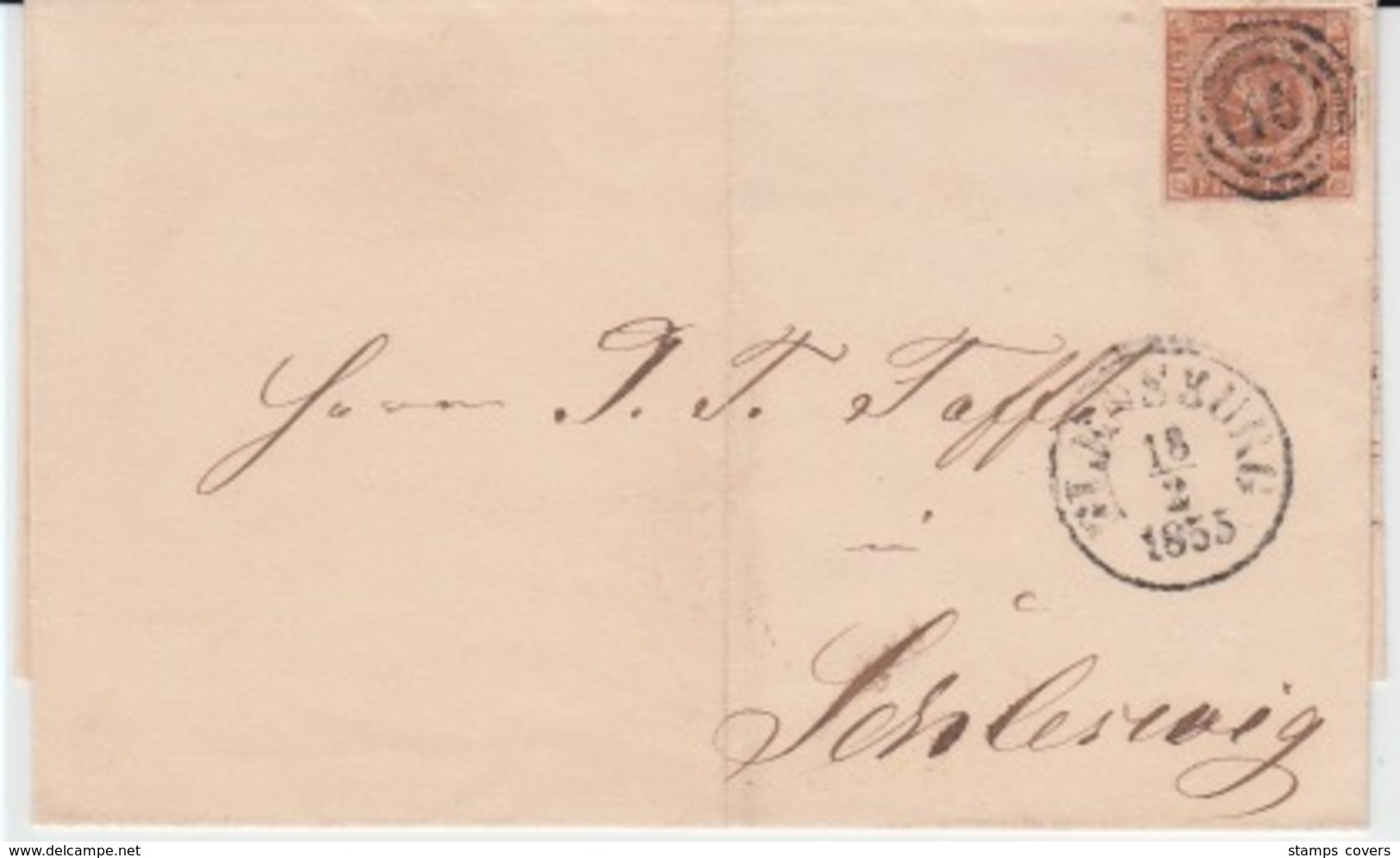 DENMARK MICHEL 1 USED COVER 18/02/1855 FLENSBORG (FLENSBOURG) TO SLESVIG (SCHLESWIG)) - Brieven En Documenten