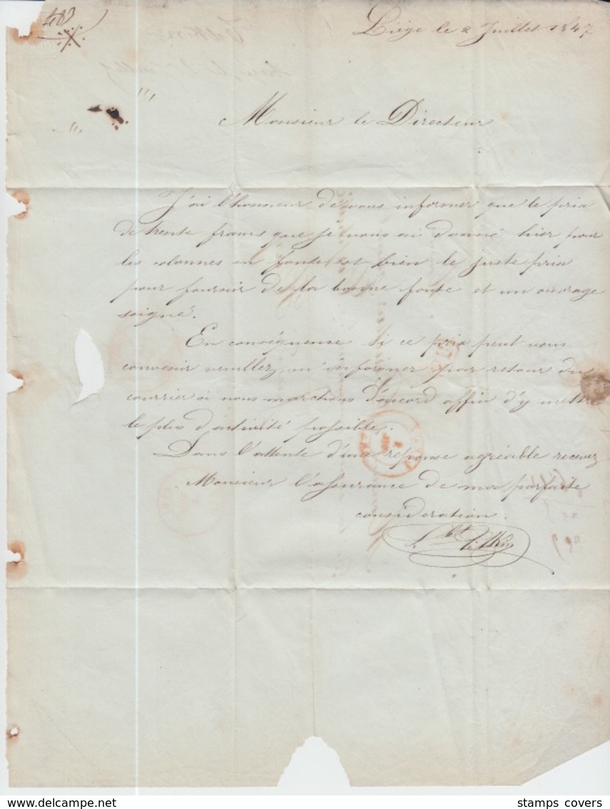 BELGIUM USED COVER 02/07/ 1847 LIEGE A HUY CACHETS - 1830-1849 (Belgique Indépendante)