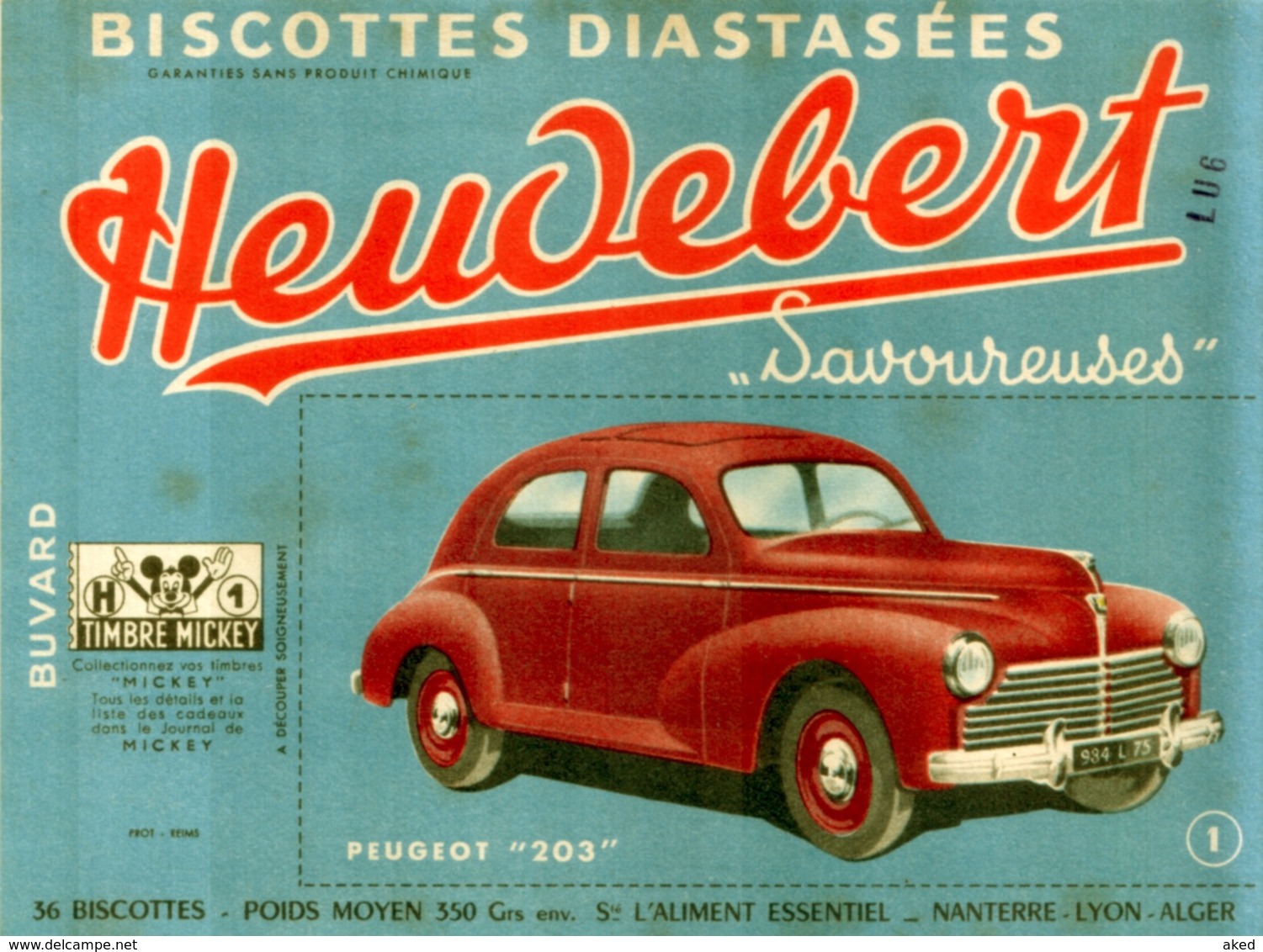 Ancien Buvard Publicitaire BISCOTTES HEUDEBERT PEUGEOT 203 - Zwieback