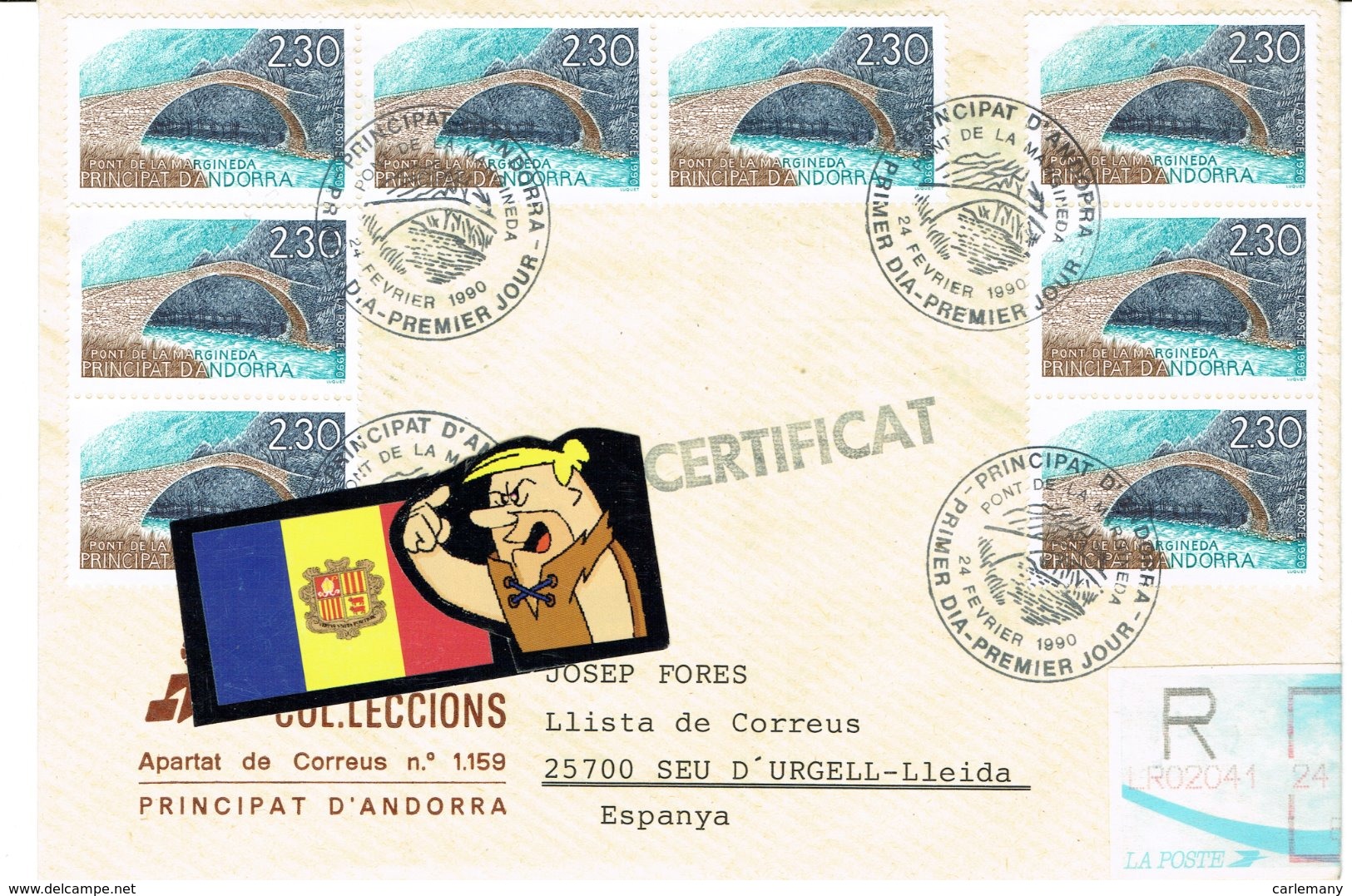 ANDORRE ENVELOPPE CIRC. 1990 AVEC 8 TIMBRES Y 385 - Covers & Documents