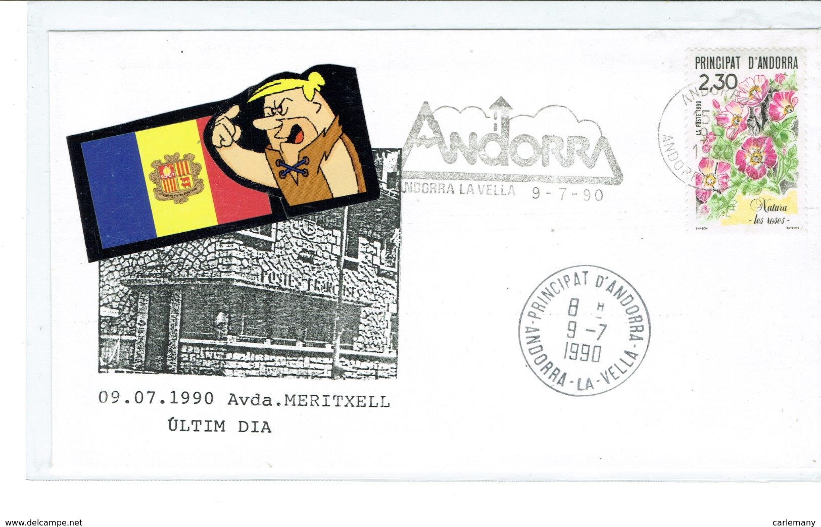 ANDORRE ENVELOPPE OBLITERRÉ  DERNIERE JOUR DE LA POSTE ANCIENNE 9-7-1990 - Lettres & Documents