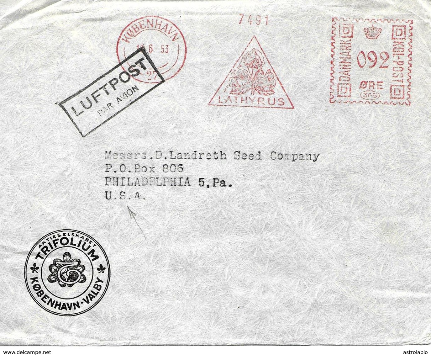 EMA " Lathyrus " Flamme Rouge Sur Lettre De Kobenhavn Vers U.S.A. 1953 Cover, Brief - Macchine Per Obliterare (EMA)