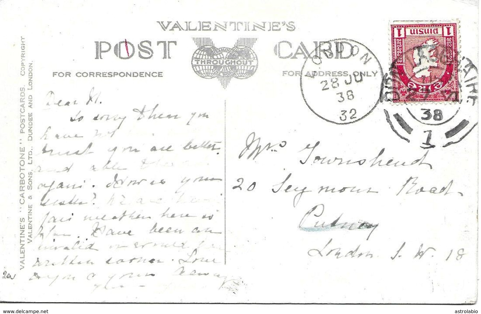 Dún Laochaire Sur Carte Postal Vers London 1938 Voir 2 Scan - Briefe U. Dokumente